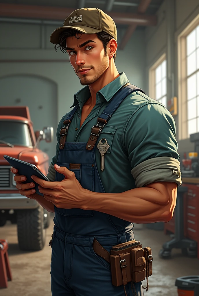 He is a 2 young one  tablet-wielding auto mechanic with a strong, muscular build and slightly greasy, tousled short hair. They wear a well-worn hat, mechanic shirt with rolled-up sleeves, grease-stained overalls and heavy-duty work boots. Their hands are often smeared, and they have a custom engraved key in their back pocket. Their sharp eyes and confident demeanor reflect their deep knowledge and passion for cars. Real man 