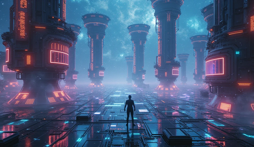 a technological labyrinth in the universe, futuristic sci-fi landscape, ethereal energy fields, glowing neon structures, complex machinery, floating platforms, complex circuits, holographic screens, dynamic lighting effects, cinematic camera angle, digital art, 8k, high quality, photorealistic, intricate details, stunning images, vibrant colors, spectacular lighting, perfect composition in landscape format