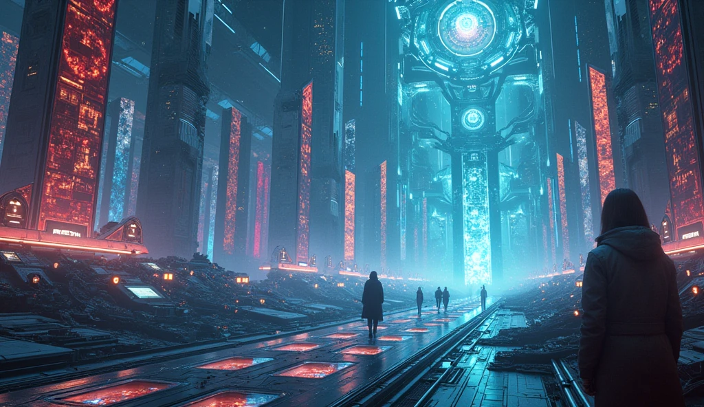 a technological labyrinth in the universe, futuristic sci-fi landscape, ethereal energy fields, glowing neon structures, complex machinery, floating platforms, complex circuits, holographic screens, dynamic lighting effects, cinematic camera angle, digital art, 8k, high quality, photorealistic, intricate details, stunning images, vibrant colors, spectacular lighting, perfect composition in landscape format

