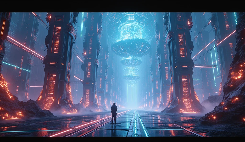 a technological labyrinth in the universe, futuristic sci-fi landscape, ethereal energy fields, glowing neon structures, complex machinery, floating platforms, complex circuits, holographic screens, dynamic lighting effects, cinematic camera angle, digital art, 8k, high quality, photorealistic, intricate details, stunning images, vibrant colors, spectacular lighting, perfect composition in landscape format