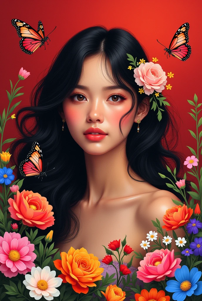 Create an image with the name Aracely with many flowers in a red background and butterflies of the same color