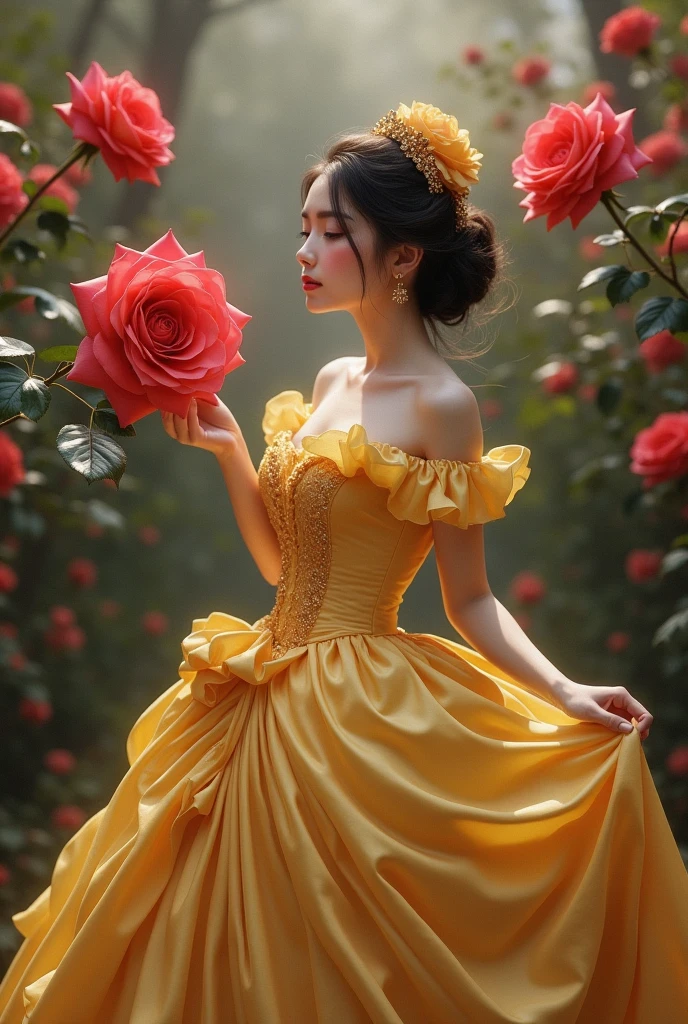 This artwork is in the style of realistic fantasy set in the castle's rose garden. Generate a woman with a beautiful detailed face dressed in the billowing folds of a stunning yellow French silk ballgown. The gown features ruffles, sashes, and bows, and its bodice is delicately but intricately hand-embroidered. The woman's sweet face is ((((highly detailed, with realistic features and soft, puffy lips.)))) Her stunning eyes are beautifully detailed, featuring realistic shading and multiple colors. She is touching a timeless rose just as beautiful today as it was the day it first bloomed thousands of years in the past. The eternal rose is a deep shade of red with shimmering pink overtones and undertones. Ensure that the woman's face, hair, and eyes are perfect. realism, high fantasy, whimsical fantasy, storybook fantasy, fairytale fantasy, fantasy details, enchanting, bewitching, 8k, hires, cgi, digital painting, unity, unreal engine,  (((masterpiece))), intricate, elegant, highly detailed, majestic, digital photography, art by artgerm and ruan jia and greg rutkowski, (masterpiece, finely detailed beautiful eyes: 1.2), hdr, realistic skin texture, (((1woman))), (((solo))), Include a highly detailed face, extremely detailed face, and interesting background.