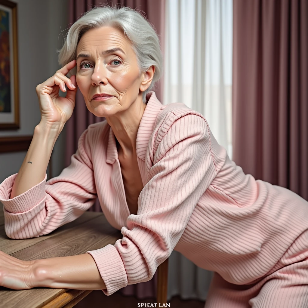 Hyper-realistic image of an elderly woman, with detailed, lifelike features, wearing a pink outfit, admiring various offers. The image showcases a highly detailed and realistic character with intricate textures, detailed skin, and a lifelike pose. The woman is captured in a close-up, with cinematic lighting that enhances her expression of admiration. The background is clean and white, with sharp focus on the subject.