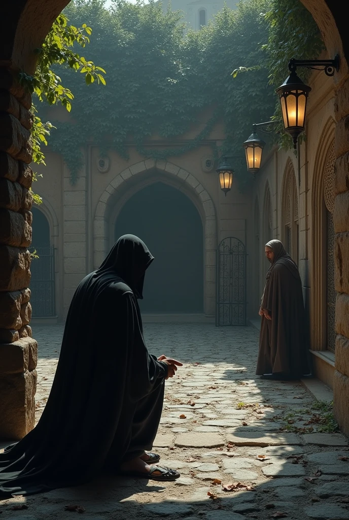 Create a highly detailed scene depicting a fidai from Hassan-i Sabbah's group executing a precision assassination. The setting is a dimly lit, secluded courtyard within the fortress walls of Alamut Castle, under the cover of night. The courtyard is surrounded by high, stone walls adorned with climbing ivy, and the ground is uneven, paved with cobblestones that are partially covered with scattered leaves.
Scene Elements:
Fidai: The fidai is dressed in dark, practical stealth gear, including a hooded cloak that blends into the shadows. His attire is equipped with hidden compartments for weapons. He wears a leather mask covering his face, leaving only his sharp, focused eyes visible. His posture is tense and controlled as he crouches behind a column or within a dark alcove, waiting for the right moment to strike.
Target: The target, a high-ranking political figure, is depicted in the midst of a routine, unaware of the impending danger. The target is dressed in elaborate robes, indicative of their status, and is engaged in a private conversation or inspecting a document. The background should include some opulent, yet subtle, decor, such as rich tapestries or ornate furniture, reflecting the target's high status.
Assassination Action: The fidai is in the final stage of the assassination, moving silently towards the target. The scene captures the precise moment of action—perhaps the fidai is wielding a hidden blade or a poisoned dagger. The tension should be palpable, with every detail emphasizing the stealth and skill involved.
Environment: The courtyard is illuminated by dim, flickering lanterns mounted on the walls, casting long shadows and creating a play of light and dark that adds to the atmosphere. The scene should include subtle elements of medieval Persian architecture, such as carved stonework or intricate iron grilles, to ground the setting in its historical context.
Additional Details: Include faint sounds of the night—rustling leaves, distant murmurs,
