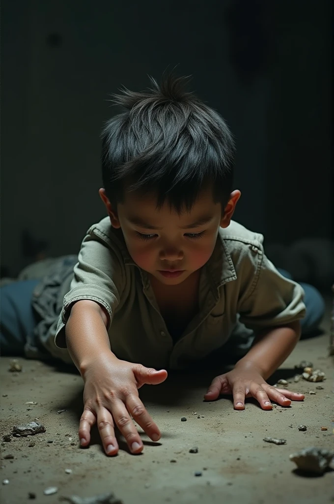 Fallen boy reaching out his hand for help