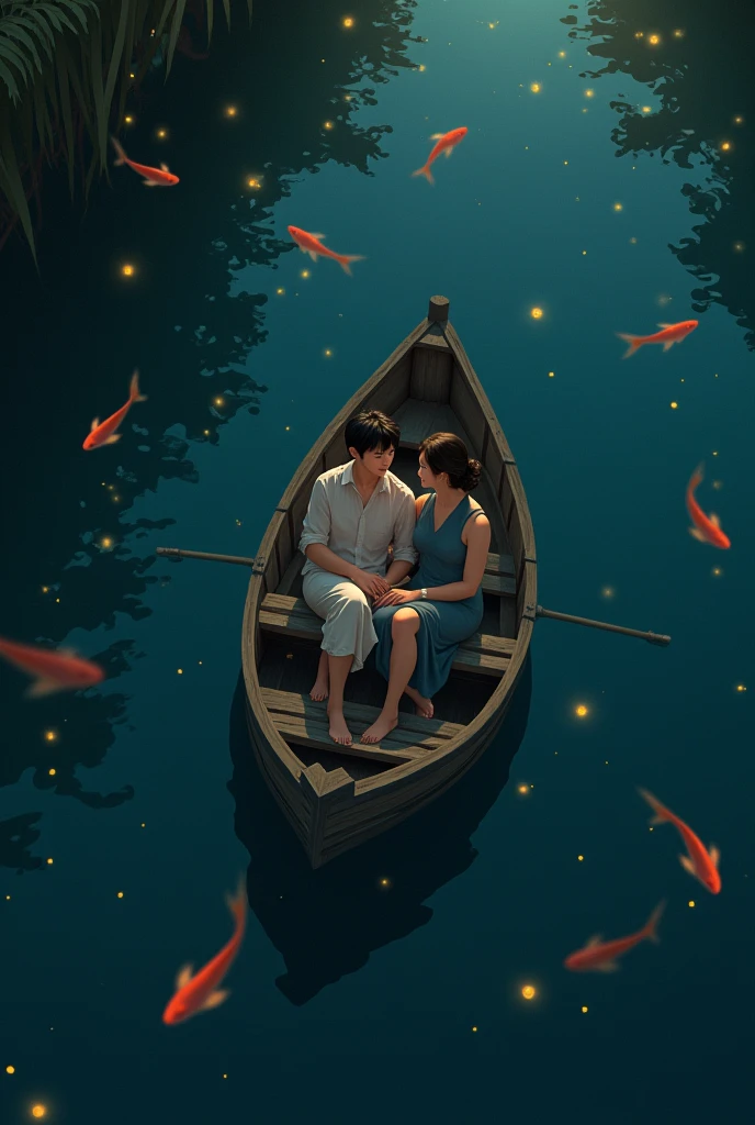 A couple, what sits in a small wooden boat at night. With fireflies and fish in the water. The perspective should be from above on the boat.