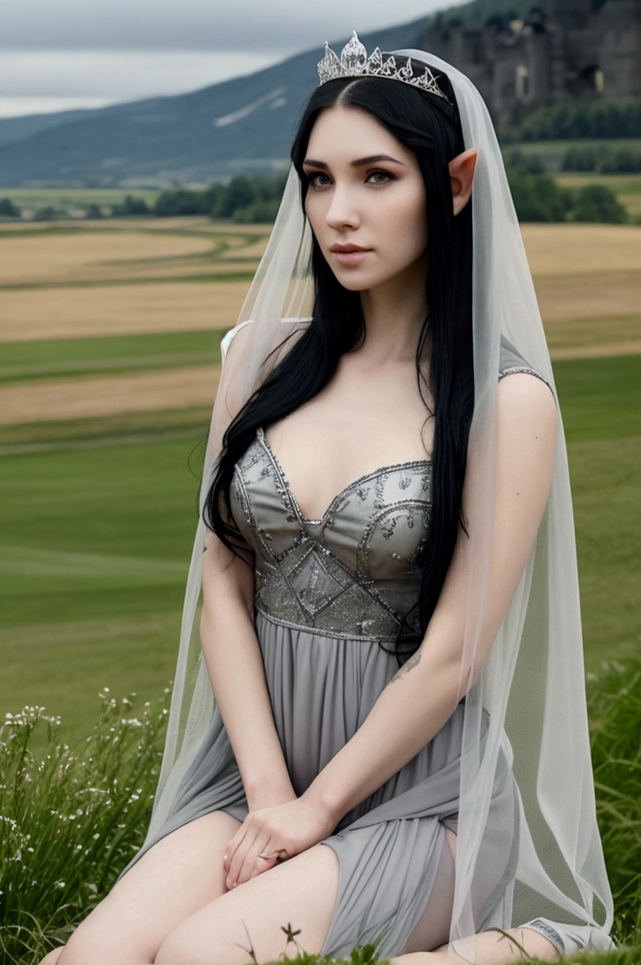 a young and beautiful elf princess, with elven tattoos, beautiful pale face, gray eyes, beautiful black hair with a crystal tiara, rides her white horse, it is raining torrentially, thunder is falling, the sky is extremely dark, in the background you can see in the distance a meadow on the outskirts of an immense castle, cinematic lighting, pixar style, long shot