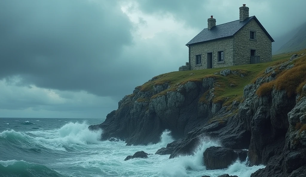 "A sturdy stone house built on a rocky cliff overlooking a stormy sea, waves crashing against the rocks below, symbolizing strength and resilience through faith, ar 16:9"
