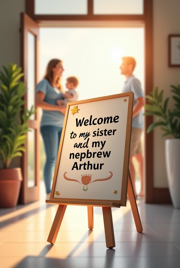 Make a picture of a sign saying welcome to my sister and my nephew Arthur. Obs: they will leave the maternity ward, my nephew Arthur was just born