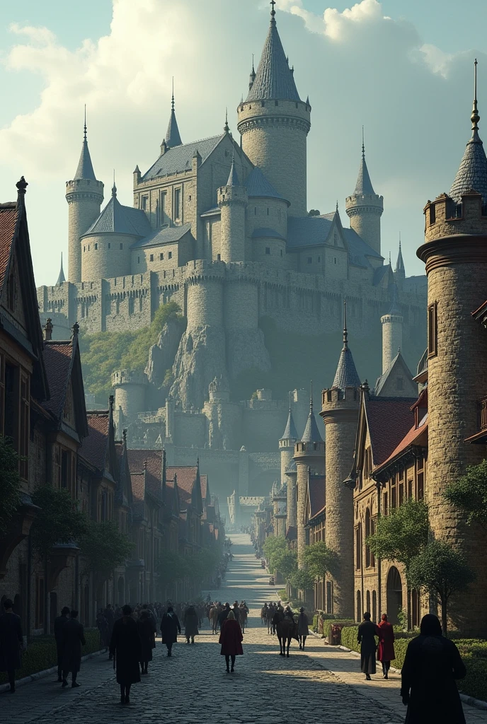a medieval castle and fortified city in the kingdom of eldora, beautiful kingdom, intricate architecture, stone walls, turrets, cobblestone streets, townspeople, horses, armored knights, detailed lighting, cinematic framing, muted color palette, dramatic shadows, fantasy atmosphere