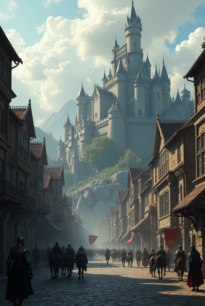 a medieval castle and fortified city in the kingdom of eldora, beautiful kingdom, intricate architecture, stone walls, turrets, cobblestone streets, townspeople, horses, armored knights, detailed lighting, cinematic framing, muted color palette, dramatic shadows, fantasy atmosphere