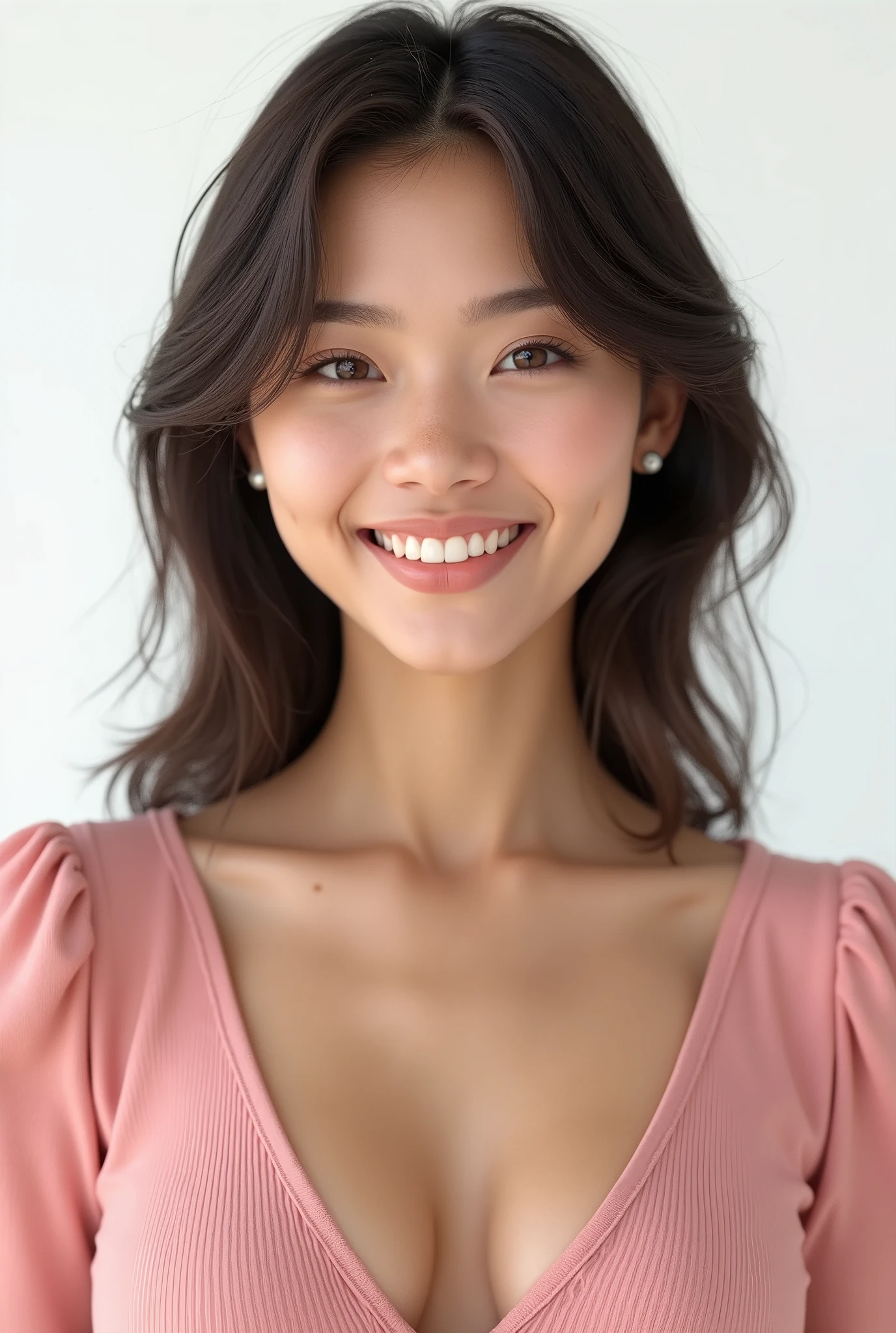 Hyper-realistic image of a young woman, shown from the waist up, with detailed, lifelike features, wearing a pink outfit, feeling moderately happy about various offers. The image presents a highly realistic character with intricate textures, detailed skin, and a subtle expression of contentment. The young woman is captured with cinematic lighting that enhances her moderate joy, showcasing her upper body. The background is clean and white, with sharp focus on the subject.