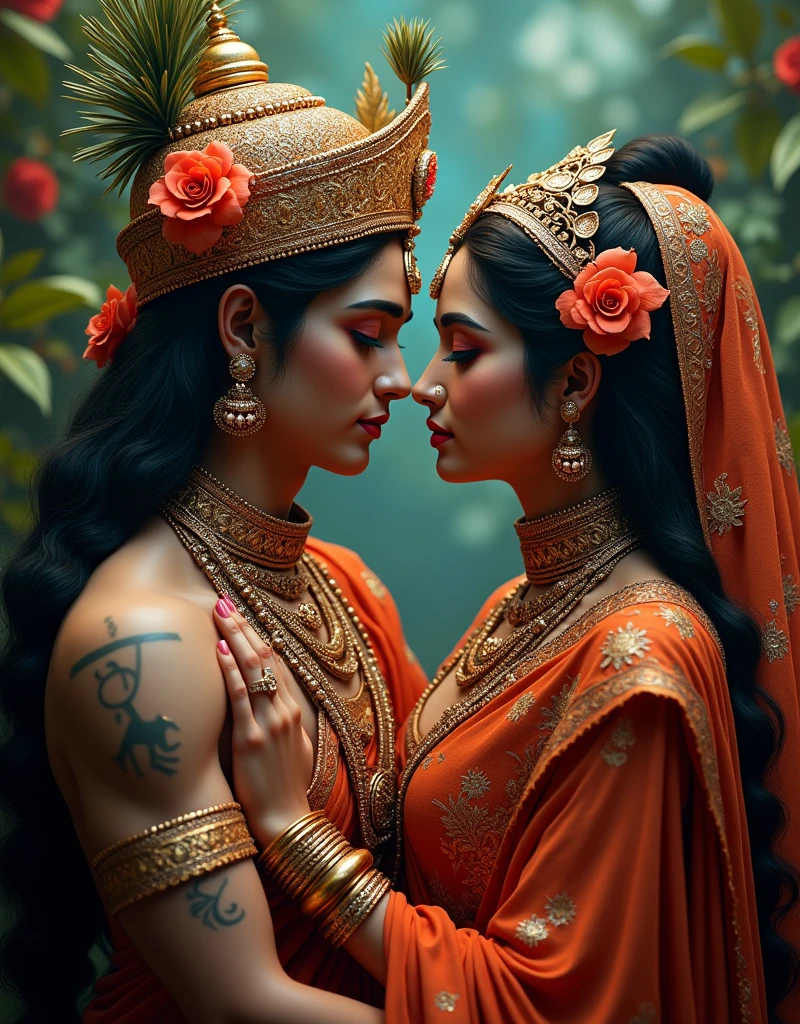 radha krishna, hindu divine couple, ornate traditional indian clothing, romantic embrace, detailed intricate jewelry, ornate flower crown, beautiful detailed eyes, beautiful detailed lips, extremely detailed face, lush tropical garden background, vivid colors, dramatic lighting, (best quality,4k,8k,highres,masterpiece:1.2),ultra-detailed,(realistic,photorealistic,photo-realistic:1.37),cinematic composition,dramatic chiaroscuro lighting,highly detailed ornate embellishments,intricate textile patterns,vivid jewel-toned colors