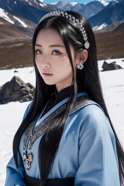 High quality、One woman、Age 25、blue eyes、Black hair with bright eyes、Long Hair、Tibetan national costume、Japanese elements、All black clothes、The valley between the mountains of dull clothing、Rusty silver jewelry、Overall dark landscape、Dark brown skin、Large ethnic tattoo on forehead and cheek
