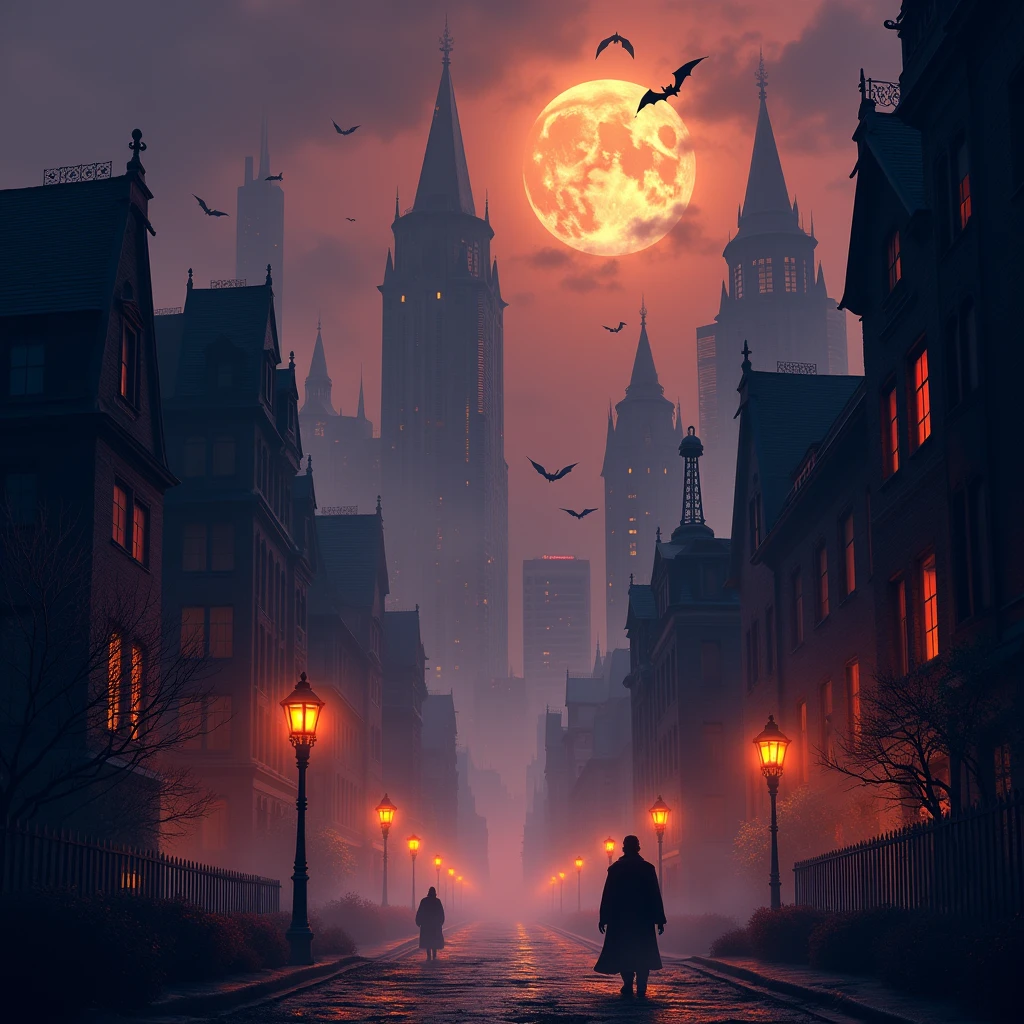 "A panoramic view of a haunted cityscape at night, transformed into a Halloween nightmare. The city is bathed in an eerie, dim light, with towering skyscrapers casting long, sinister shadows across the deserted streets. The buildings are a mix of old Gothic architecture with dark, pointed spires and modern structures, all adorned with tattered banners and glowing jack-o'-lanterns in windows. The sky is overcast with thick, swirling clouds that glow faintly with an ominous orange hue, partially obscuring a full moon. Ghostly apparitions drift between the buildings, their translucent forms barely visible through the thick fog that blankets the city. Bats swoop low over the skyline, their sharp silhouettes cutting through the darkness. The streets below are lined with crooked lampposts emitting a faint, flickering light, and a few shadowy figures can be seen lurking in alleyways. The overall color scheme is a mix of deep purples, blacks, and eerie oranges, creating a foreboding atmosphere that encapsulates the essence of a terrifying Halloween night in the heart of a haunted city."