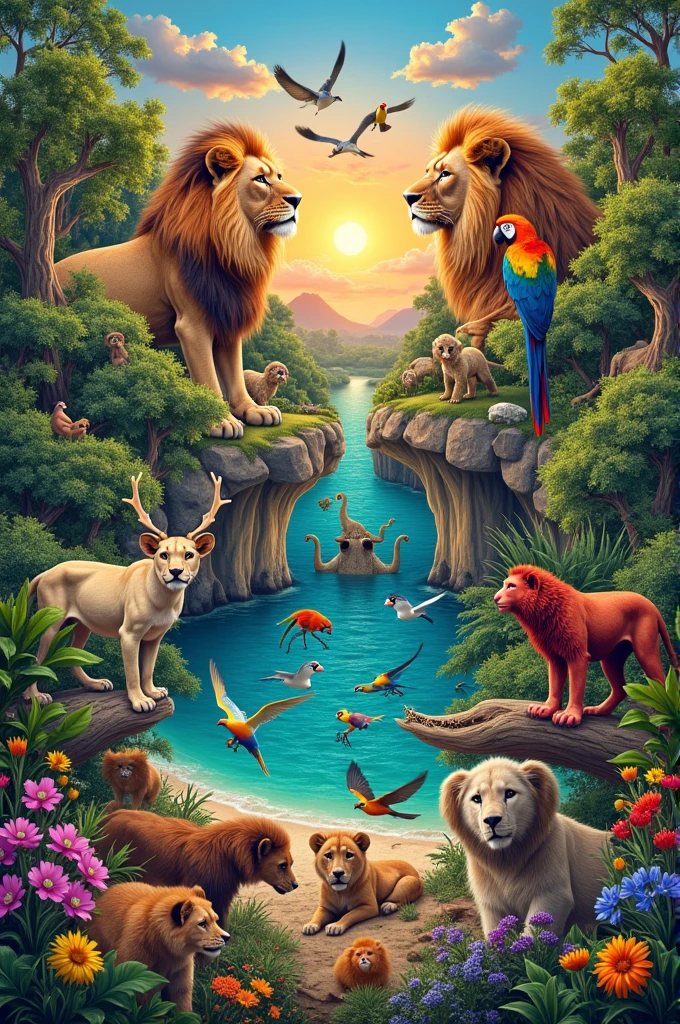 Make a collage with many different photos where you can see all the types of environments with animals that live in that habitat. I want it to be very colorful and for the images to be of good quality. I also want them to be well arranged and not have empty spaces.
