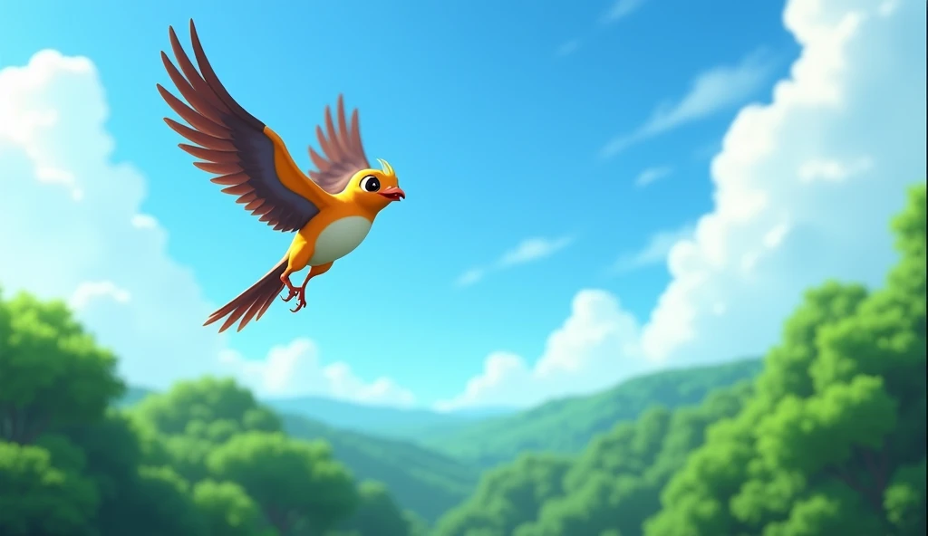((8k)), ((best qualityer)), ((work of art)), (detailded), Nile, a young bird, flies high above the forest, defying the wind with skill. The sky is crystal blue, and the clouds roll gently in the background. Nile parece cheio de vida e esperança, hun , but agile, moves confidently between the air currents. down, the green treetops stretch to the horizon. in Disney Pixar 3D style, o foco está na beleza vibrante da natureza e no espírito livre de Nile, with bright colors and fluid animation."