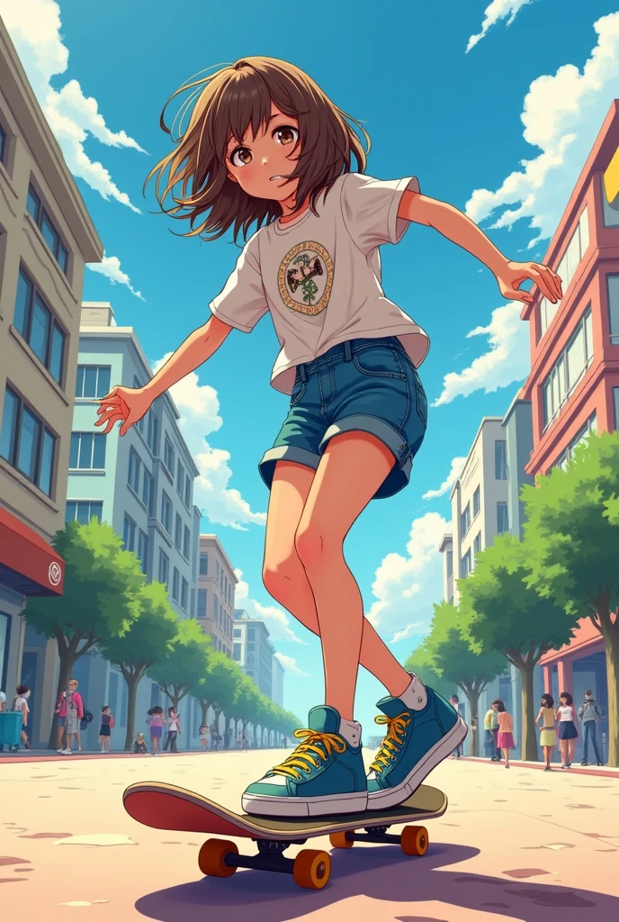 A girl, anime style with brown hair, wavy shoulder length, skating on a penny