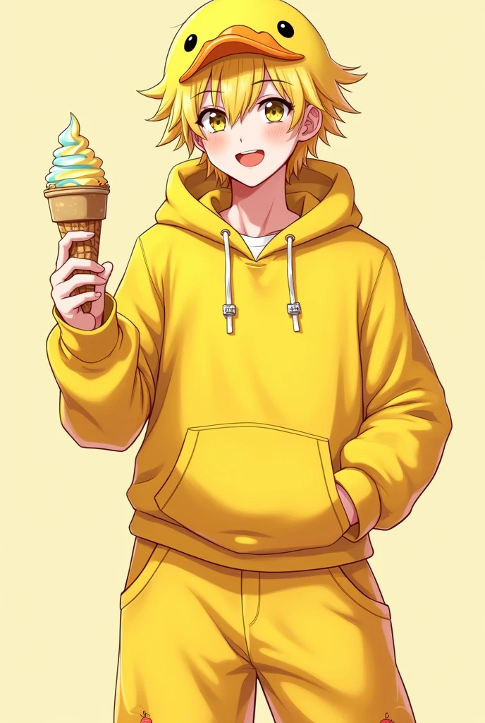 Anime adult boy with yellow hair wearing a yellow duck hoodie and yellow duck pant and yellow duck hat and giving selfie pose with a ice cream in hand