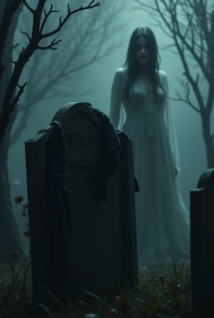 Tombstone with jacket, above it and with the name Merlina and behind the tombstone, a ghost woman watching