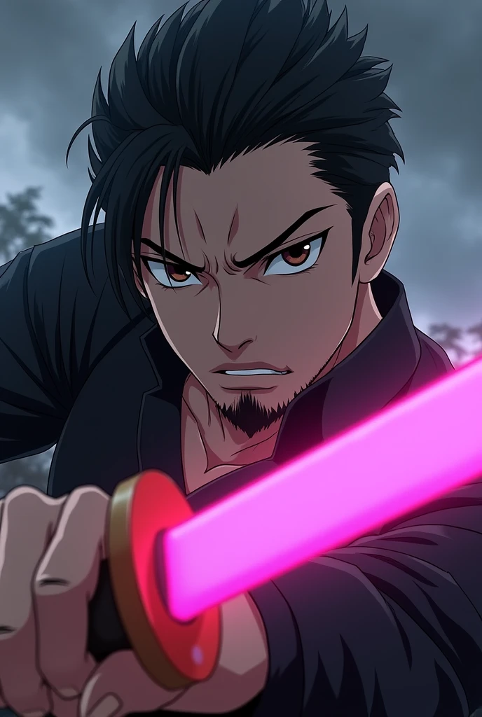 Young man character with black slicked back hair, dark brown eyes, a scar on the corner of the lip and with a short beard holding a katana with a pink blade in the anime demon slayer style