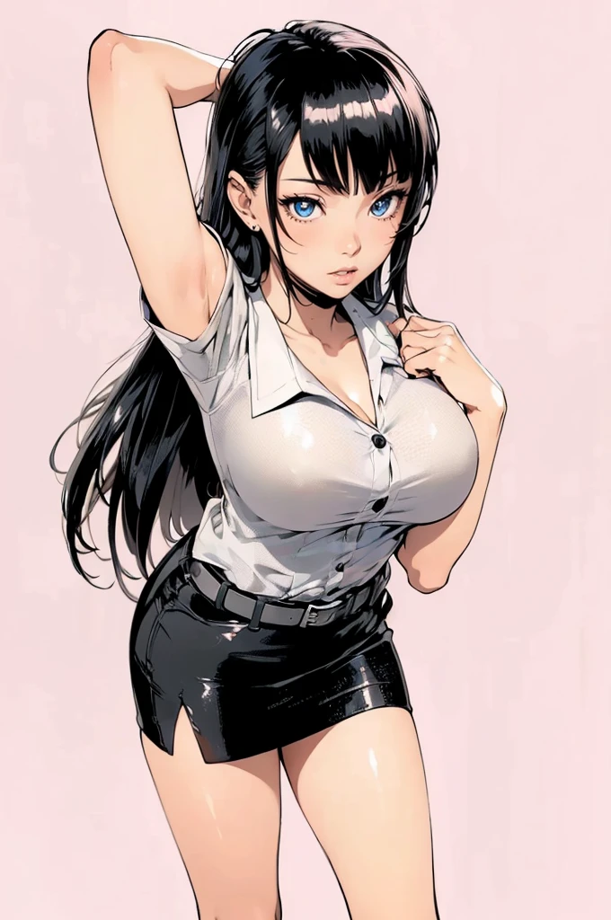 ((1girl, solo)), large breasts, beautiful body, (perfect anatomy, perfect body, perfect hands, perfect legs), nice hands, natural proportions, sexy body, standing, arm up, arm behind head, armpit peek BREAK
((extremely detailed face)), (beautiful detailed eyes:1.6), (realistic pupils, realistic iris:1), expressive eyes, looking at viewer, (clear eyes:1.3), (hyperrealistic:1.2), (detailed skin texture:1.2), smooth skin, (black hair:1.5), blunt bangs, long hair, (detailed lips:1.2), (attractive lips:1.1), (glossy lips:1.1), perfect face, perfect eyes BREAK
white shirt, collared shirt, short sleeves, collarbone, cleavage, belt, black pencil skirt, miniskirt, thighs BREAK
(masterpiece:1.5), anime-style, top quality, best quality, (beautiful and aesthetic:1.2), (ultra detail:1.5), Ultra-detailed depiction, Ultra-precise depiction, extremely detailed 8k illustration, high resolution, (highly detailed shading:1.2), (realistic lighting:1.4), perfect lighting, vibrant colors, dynamic tones, striking hues, 8k, absurd resolution, perfect shadows, hdr, UHD, ambient lighting, realistic, ultra-realistic, photo realistic, highly detailed, rich detail, luminous colors, fine texture, intricate design, professional illustration, (soft light:1.2), (illustration:0.7)