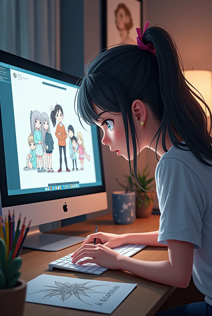 Girl drawing anime type watching her computer to make a comic about saving