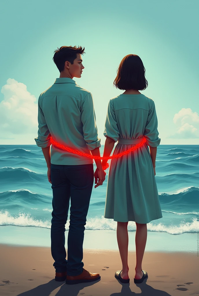 Two people in a landscape (Oceanfront) They turn their backs and a red thread on their wrists 