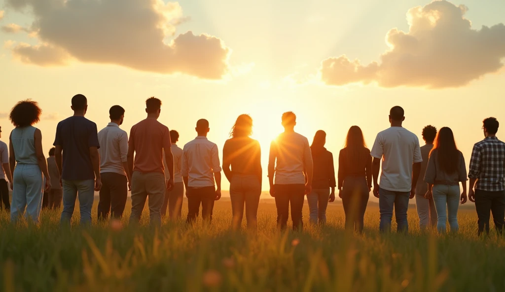 "A diverse group of people standing together in a field, each looking in different directions but with expressions of determination and hope, under a bright sky, symbolizing unity in spiritual and moral living, ar 16:9"
