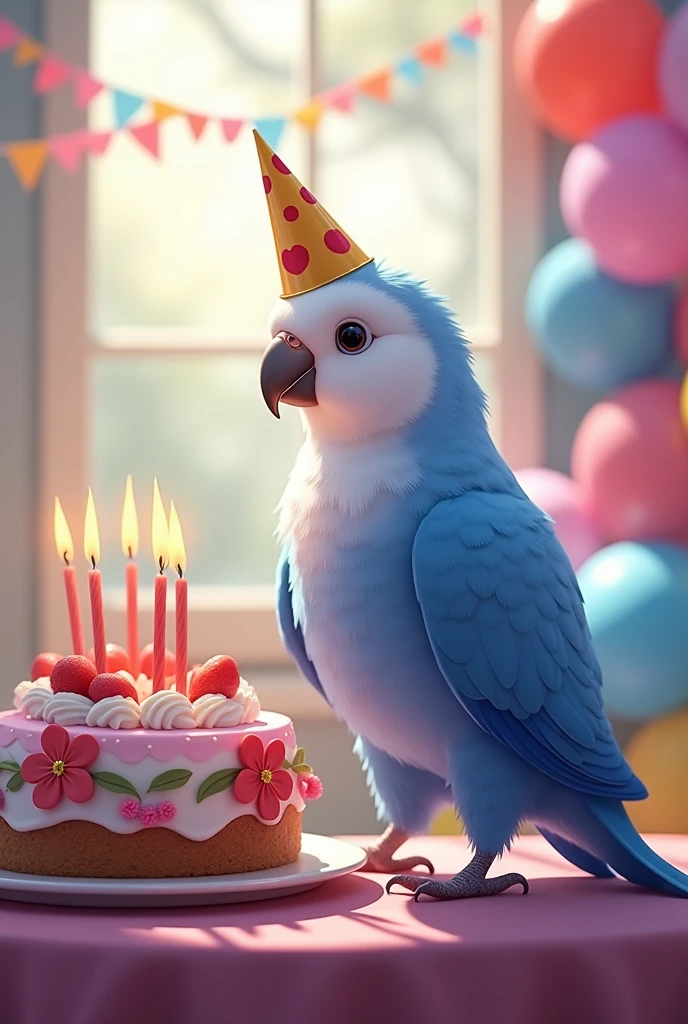 Draw a realistic LOVEBIRD ROSEICOLLIS, with white face and light-blue (almost violet) body, wearing a birthday hat, with a birthday cake, birthday party, and on the top saying "Happy Birthday Blue!"