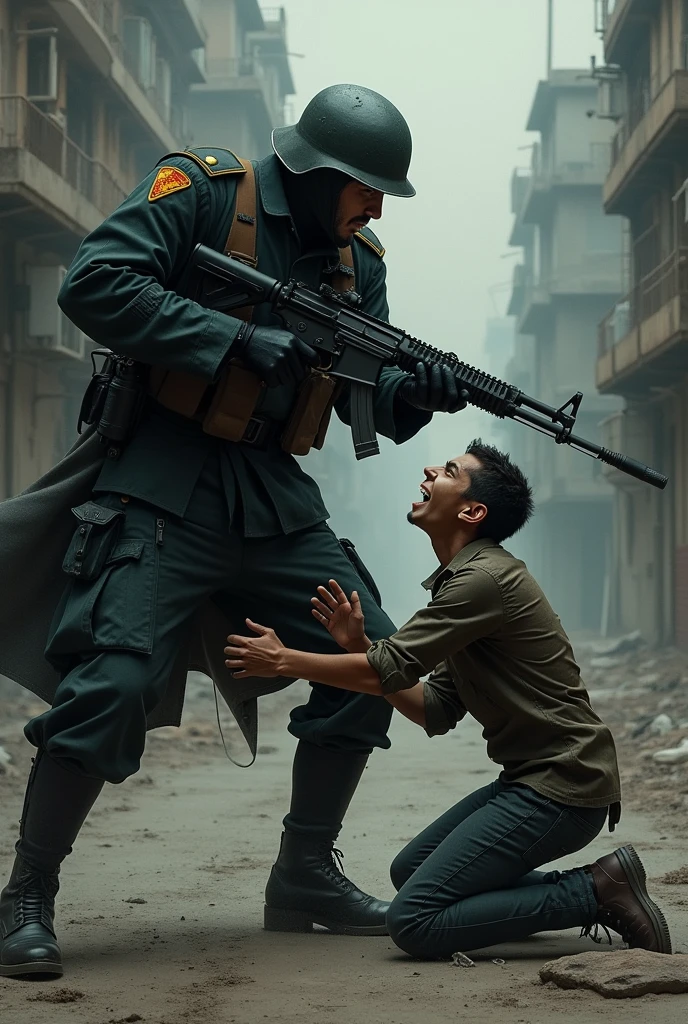 Evil soldier hitting a young man with a gun 