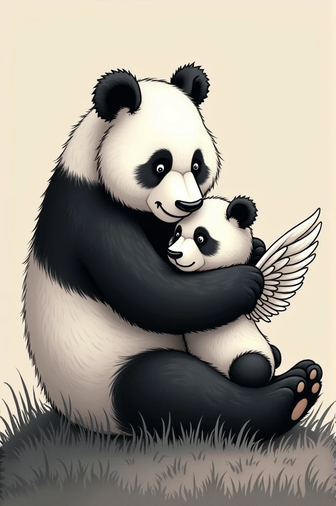 Panda bear sitting on a hill hugging his panda son with wings in lines for tattoo