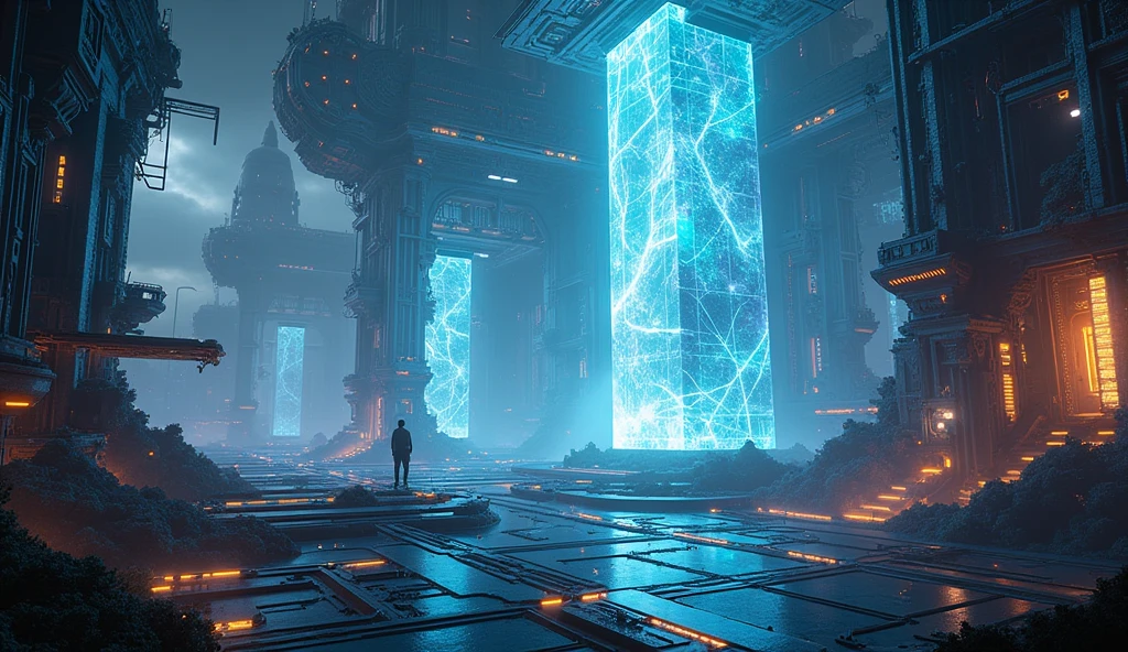 a technological labyrinth in the universe, futuristic sci-fi landscape, ethereal energy fields, glowing neon structures, complex machinery, floating platforms, complex circuits, holographic screens, dynamic lighting effects, cinematic camera angle, digital art, 8k, high quality, photorealistic, intricate details, stunning images, vibrant colors, spectacular lighting, perfect composition in landscape format
