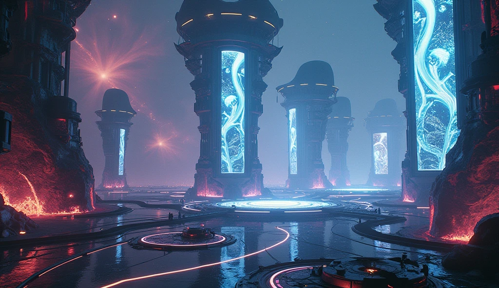 a technological labyrinth in the universe, futuristic sci-fi landscape, ethereal energy fields, glowing neon structures, complex machinery, floating platforms, complex circuits, holographic screens, dynamic lighting effects, cinematic camera angle, digital art, 8k, high quality, photorealistic, intricate details, stunning images, vibrant colors, spectacular lighting, perfect composition in landscape format
