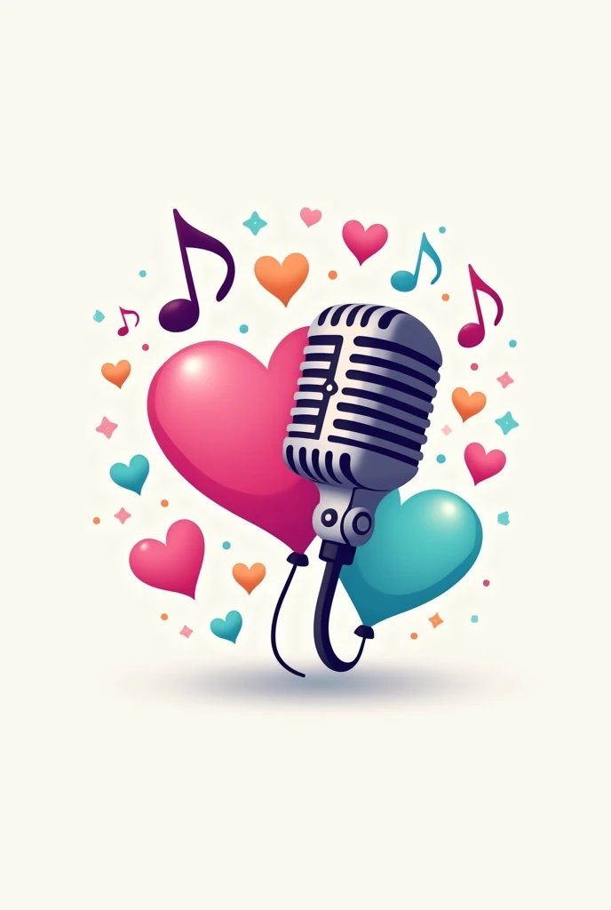 A logo with hearts, microphone and music notes and bright pastel colors