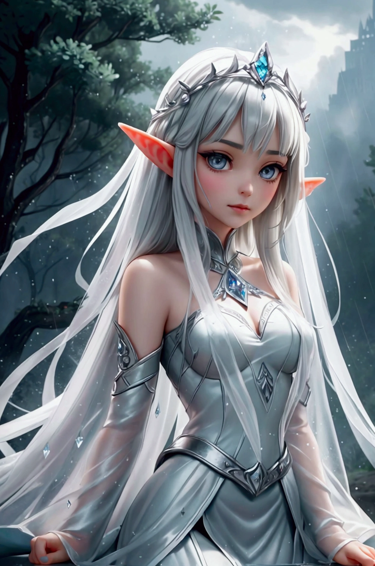 a young and beautiful elf princess, with elven tattoos, beautiful pale face, gray eyes, beautiful black hair with a crystal tiara, rides her white horse, it is raining torrentially, thunder is falling, the sky is extremely dark, in the background you can see in the distance a meadow on the outskirts of an immense castle, cinematic lighting, pixar style, long shot