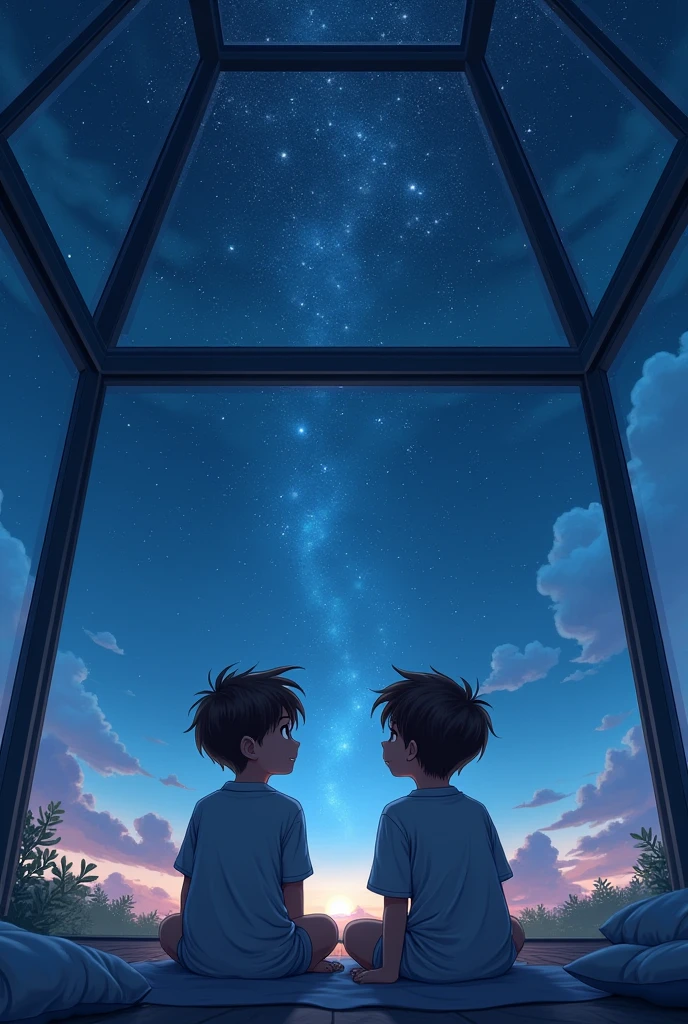 Two boys watching the stars from a high glass room
