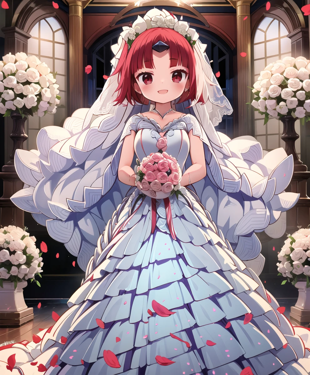 (masterpiece,best quality:1.2),photography, official art,(((wedding dresses:1.5))),bouquet:1.2,Very smiling:1.2,((petal:1.3)),Perfect composition,One person,1girl,be_enma,short hair,red hir,parted bangs, straw hat