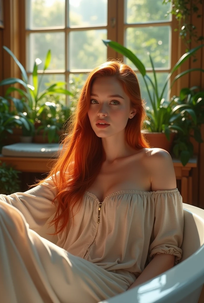 (photorealism:1.2), beautiful bredhead woman, in the bathtub , wearing loose off-shoulder top, pajama pants, long sraight hair, indoors, soft lighting, plants in background, window with sunlight, cozy room, relaxed pose, realistic, intricate details, warm colors,realistc