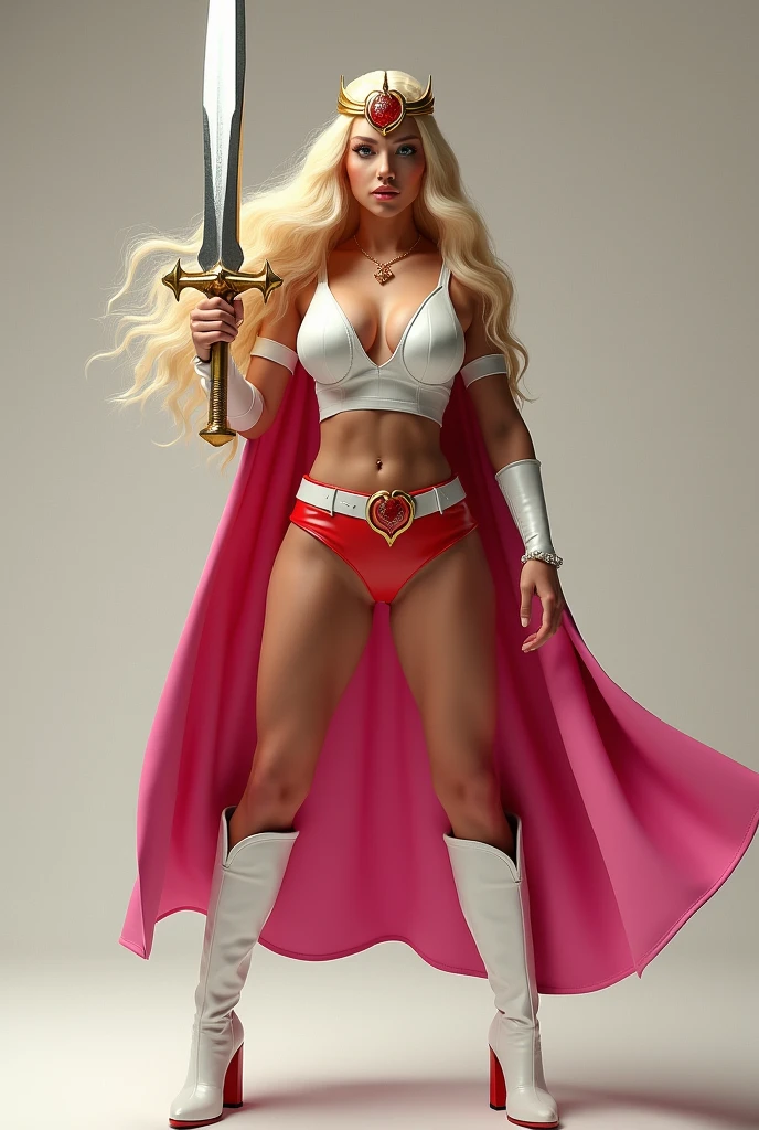 FULL SHE-RA GEAR AND ARMOR. A SEXY LARGE BREASTED YOUNG BLONDE SHE-RA WITH BLUE EYES WEARING A WHITE V SHE-RA BLOUSE WITH A SHE-RA EMBLEM ON THE HER CHEST, SHE-RA TIARA, A SHORT RED MINI SKIRT WITH A WHITE LEATHER BELT, TALL WHITE HEELED BOOTS, AND A LONG PINK CAPE. , PHOTO REALISTIC, HYPER DETAILED AND TEXTURES. HOLDING HER SHE-RA SWORD UP IN THE AIR.