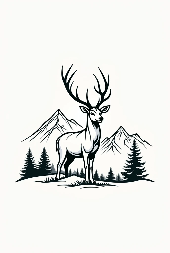 Drawing of a deer in the mountains drawing style logo