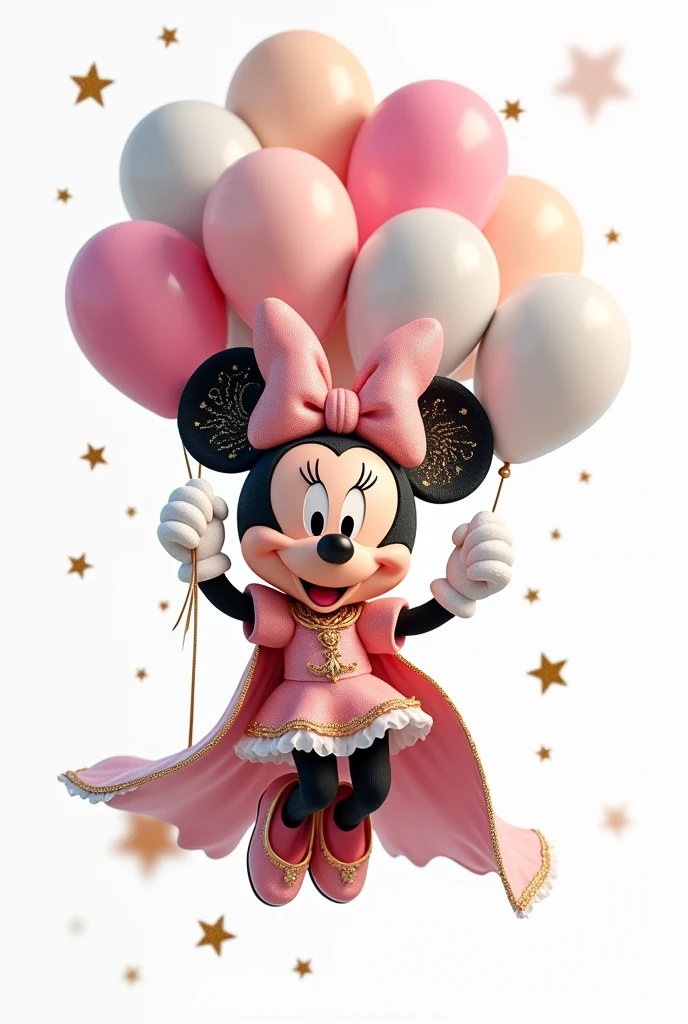 Create a white background image of baby Minnie Mouse wearing an elaborate fantasy-themed outfit. Their ears should have a night sky design with gold stars and swirling patterns.. Minnie's face should have her classic happy expression with bright eyes, round nose and a wide smile. Your clothing should resemble your real appearance., Predominantly pink with intricate gold embellishments. The costume should feature rich and heavenly patterns., with a high collar and a luxurious cape draping behind it. The overall aesthetic should be magical and majestic., making Minnie look like a character from a fantasy kingdom. Baby Minnie, must be descending, holding a bunch of balloons. The balls must be in 3D and in white colors., Pink and gold with royal look