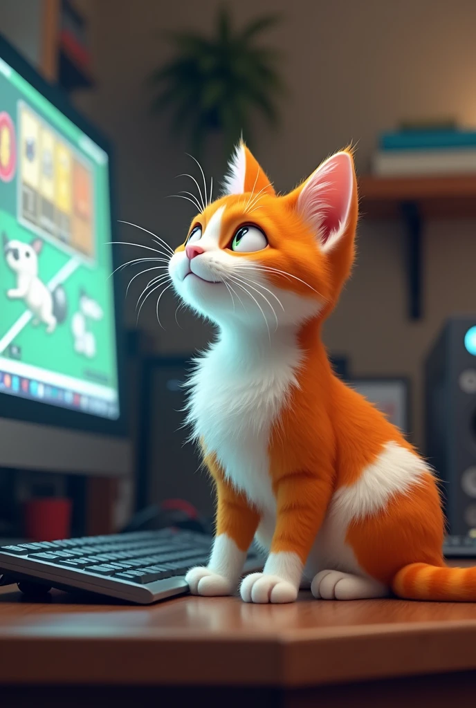 An orange white cat with is waiting for hamster kombats listing on computer