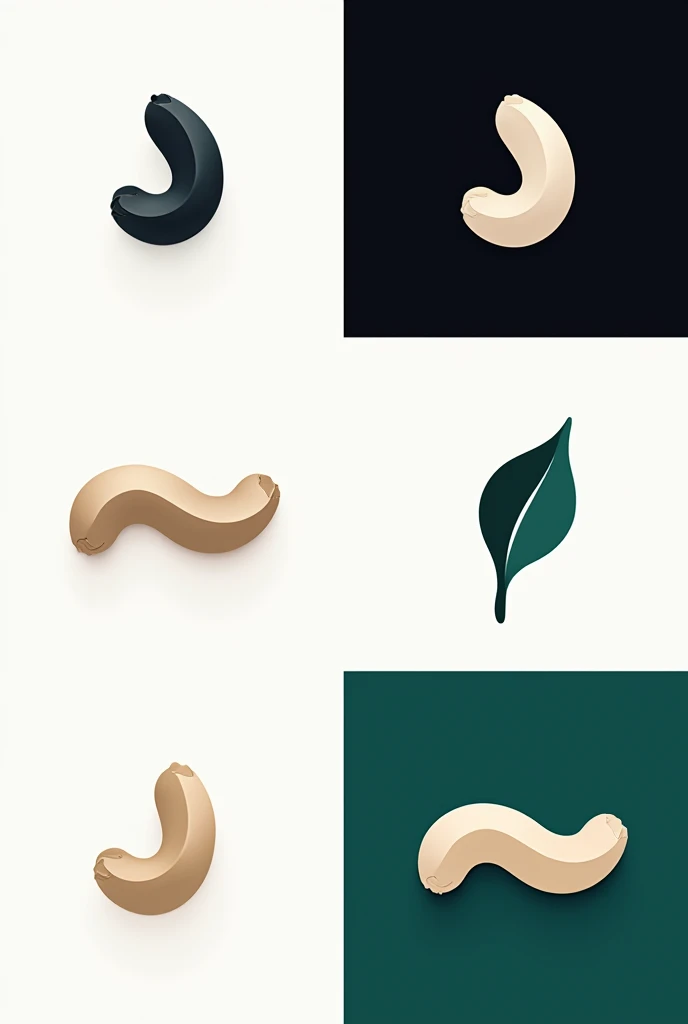 I want you to create a brand image of this cashew with originality, like the Apple brand, maintaining all the proportions of the fruit., chestnut and leaf shape and presented in black color with a white background, in white on a black background, em cor prateada e fundo escuro e em cor degrade de cerulean escuro, cerulean, dark green and to light green.General Brand Concept:
Shape and Structure: A minimalist, stylized representation of a whole cashew, including the fruit, the chestnut and a leaf. The design follows a simple and clean approach, similar to the iconic Apple brand, with smooth lines and well-defined contours that capture the essence of cashew in an elegant and modern way.
Proportions: The proportions of the fruit, of the chestnut and the leaf are faithfully maintained, ensuring immediate recognition, but with subtle simplifications to maintain the minimalist aesthetic.
styled: The design is flat (flat design), No shadows or gradients (except in the specified version), facilitating reproduction on different media and sizes without loss of quality or clarity.
Variações de Cores e funds:
Preto em fund Branco:
detaileds: The cashew outline and fill are completely solid black..
fund: pure white, providing high contrast and prominence to the symbol.
Application: This version is perfect for uses where simplicity and elegance are required., such as corporate stationery or monochromatic applications.
Branco em fund Preto:
detaileds: Cashew is represented in solid white.
fund: black deep, creating a sophisticated and modern look.
Application: Ideal for situations where a strong visual impact is desired., can be used in promotional or digital materials.
Prateado em fund Escuro:
detaileds: The cashew is filled with a metallic silver color, may include a slight shine or metallic effect to add depth and luxury.
fund: A dark tone, such as anthracite or close, which enhances the silver shine and gives a premium look.
Application: Perfect for applications