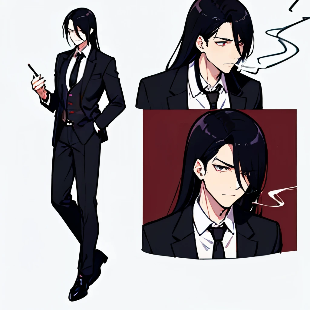 最high quality, high quality, (male, :1.2), Upper Body, Wearing black long pants, Smoke a cigarette, Wear a dress shirt, Wear a red tie, Confused eyes, Black medium long hair, uncle, Expressionless, Are standing, 40s, Leather shoes, White background, (head shot:1.0), Tired