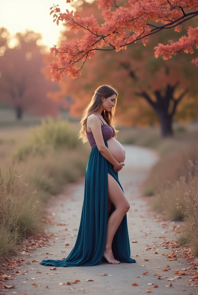 Second dimension beauty pregnant woman wallpaper, fully dressed in pink dress, outside in nature