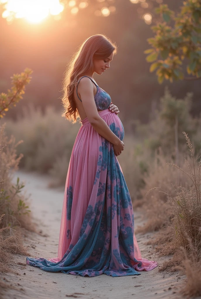 Second dimension beauty pregnant woman wallpaper, fully dressed in pink dress, outside in nature