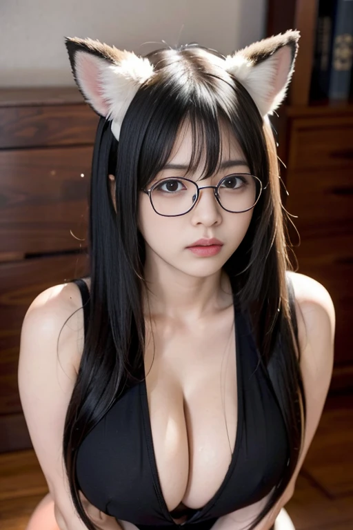 (Fox Ears))、((Melancholic expression))、((Sad face))、((Angry face))、((Cryでg face))、(Long black hair)、(Partでg the bangs)、((Wearでg glasses))、((Huge boobs))、High resolution、High resolution、RAW photography、Highest quality、masterpiece、Beautiful Japan、White skin、In underwear、A high school girl posing to emphasize her breasts and buttocks