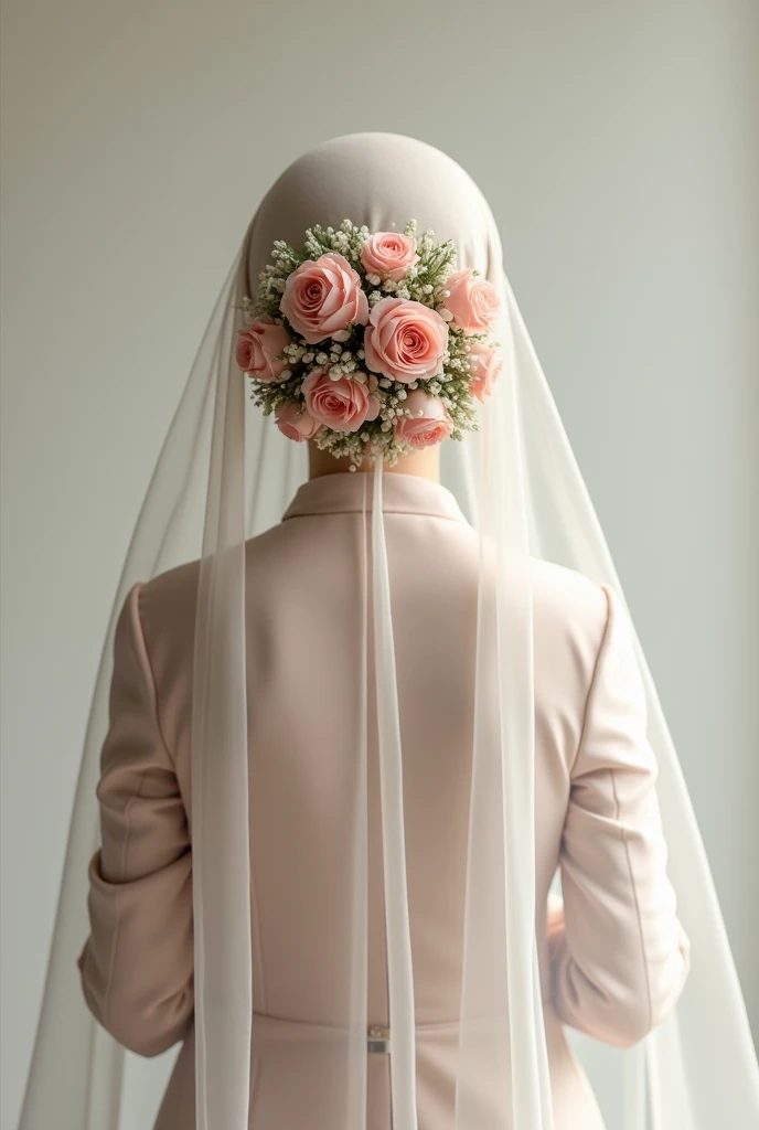 Picture of the back side of a muslim bride in hijab and white gown. No skin or hair will be visible, Head and neck will be fully covered by hijab/skarf. she will be wearing a flower bun of roses over her hijab, the bun will cover her full bun, no hair will be seen. A transparent veil will be over her head, through which, the flower-bun will be visible. the flower-bun will be under the veil.