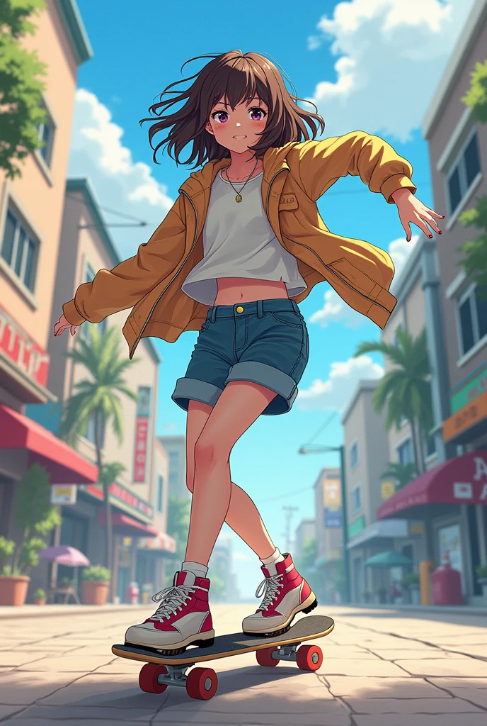 A  girl, anime style with brown hair, wavy shoulder length, skating on a penny
